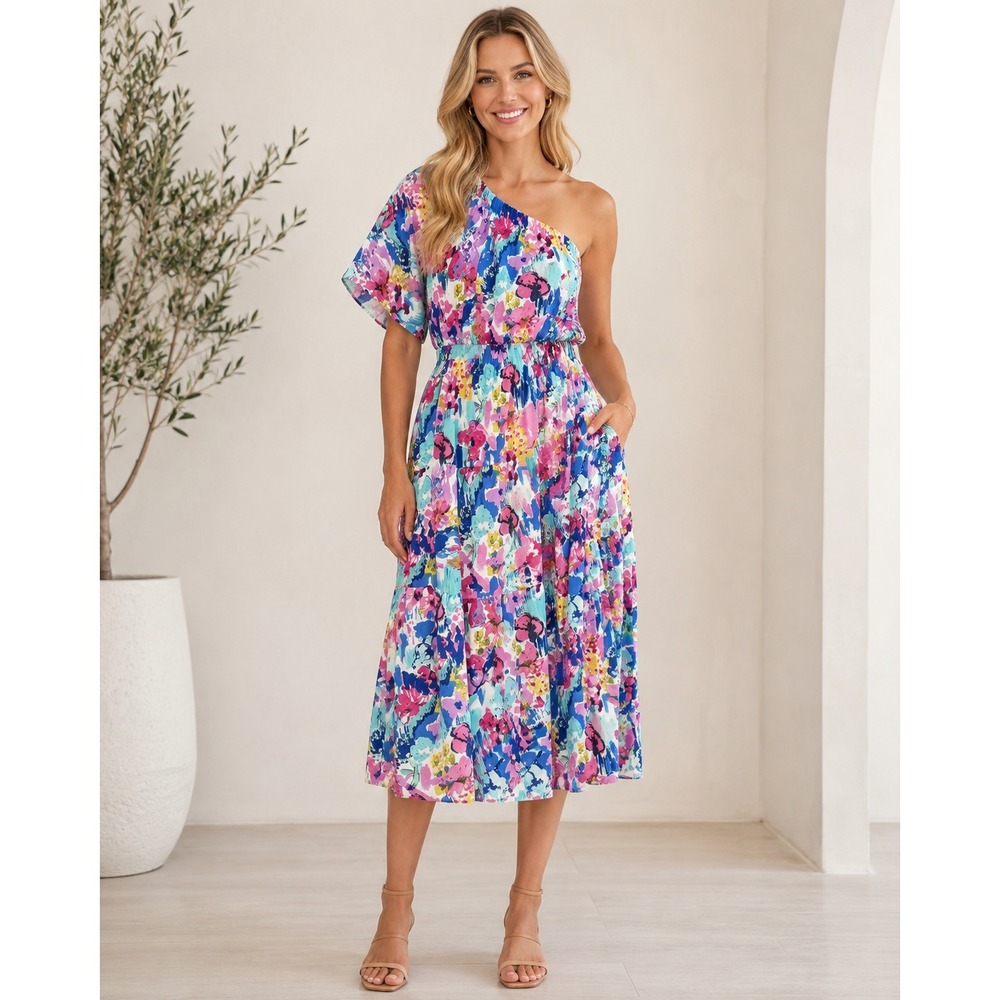 THML Boho Dress Womens‎ M Floral One Shoulder Ruffle Maxi Belted Sundresscheck